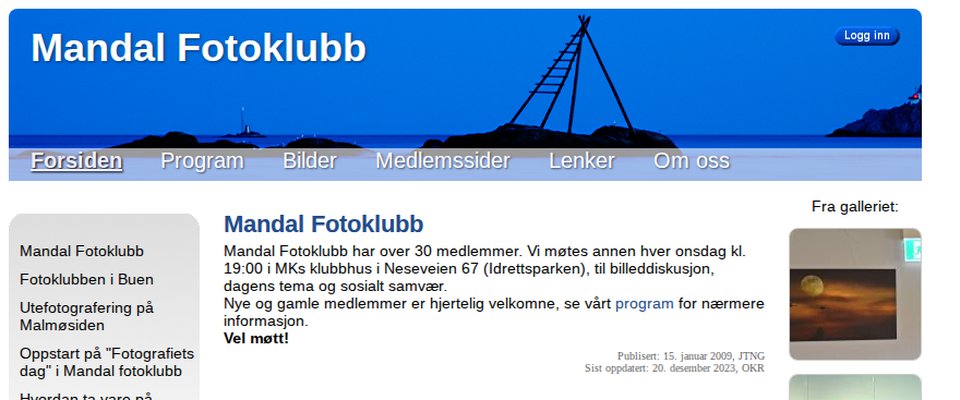 Skjermbilde av nettsiden til Mandal fotoklubb