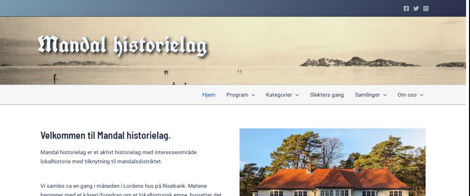 Skjermbilde av nettsiden til Mandal historielag